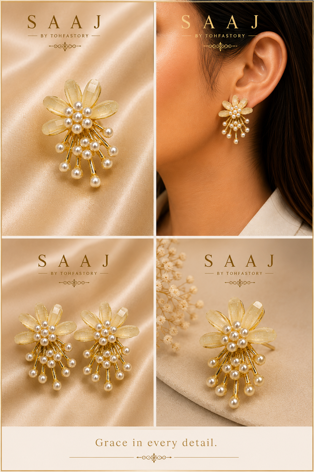 Pearl Bloom Floral Statement Earrings for Women | Gold Flower Pearl Earrings | Elegant Floral Earrings | Wedding & Party Wear Jewellery | SAAJ by TohfaStory