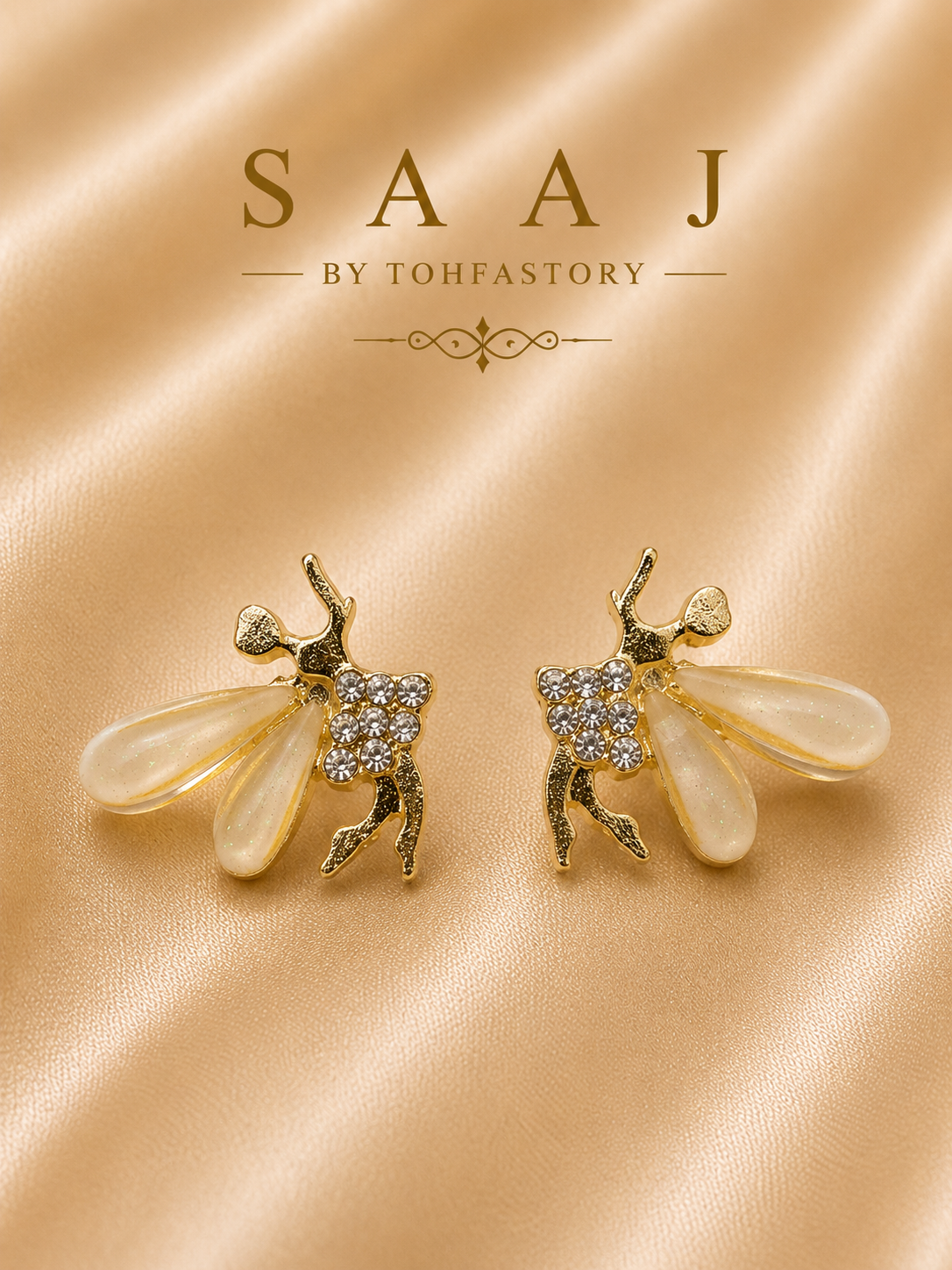 Crystal Fairy Wing Stud Earrings for Women | Gold Fairy Earrings | Elegant Designer Stud Earrings | Party, Wedding & Festive Jewellery | SAAJ by TohfaStory