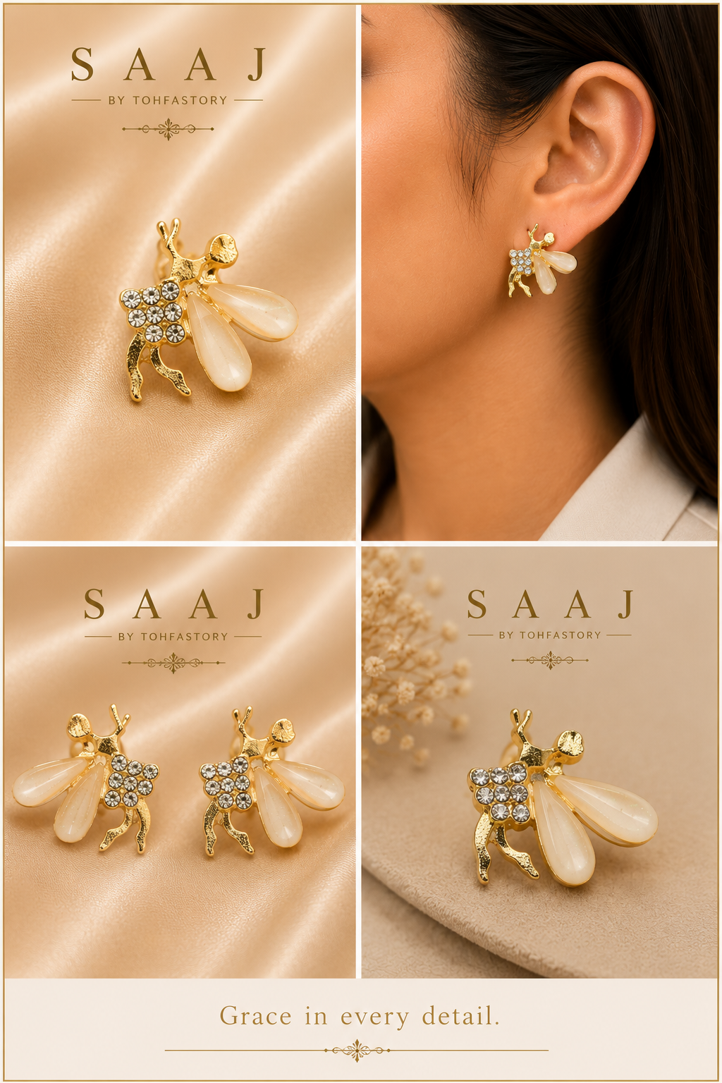 Crystal Fairy Wing Stud Earrings for Women | Gold Fairy Earrings | Elegant Designer Stud Earrings | Party, Wedding & Festive Jewellery | SAAJ by TohfaStory