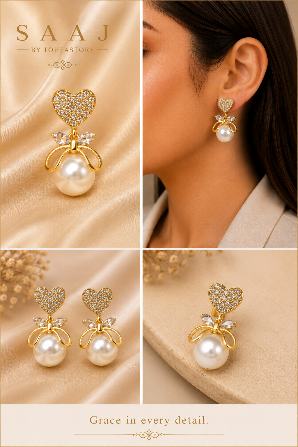 Crystal Heart Pearl Drop Earrings for Women | Gold Heart Pearl Earrings | Elegant Party & Wedding Earrings | Designer Pearl Jewellery | SAAJ by TohfaStory