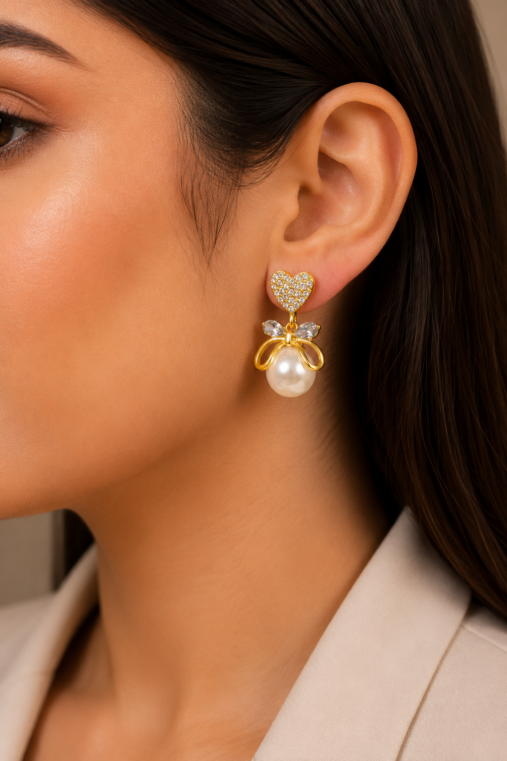 Crystal Heart Pearl Drop Earrings for Women | Gold Heart Pearl Earrings | Elegant Party & Wedding Earrings | Designer Pearl Jewellery | SAAJ by TohfaStory