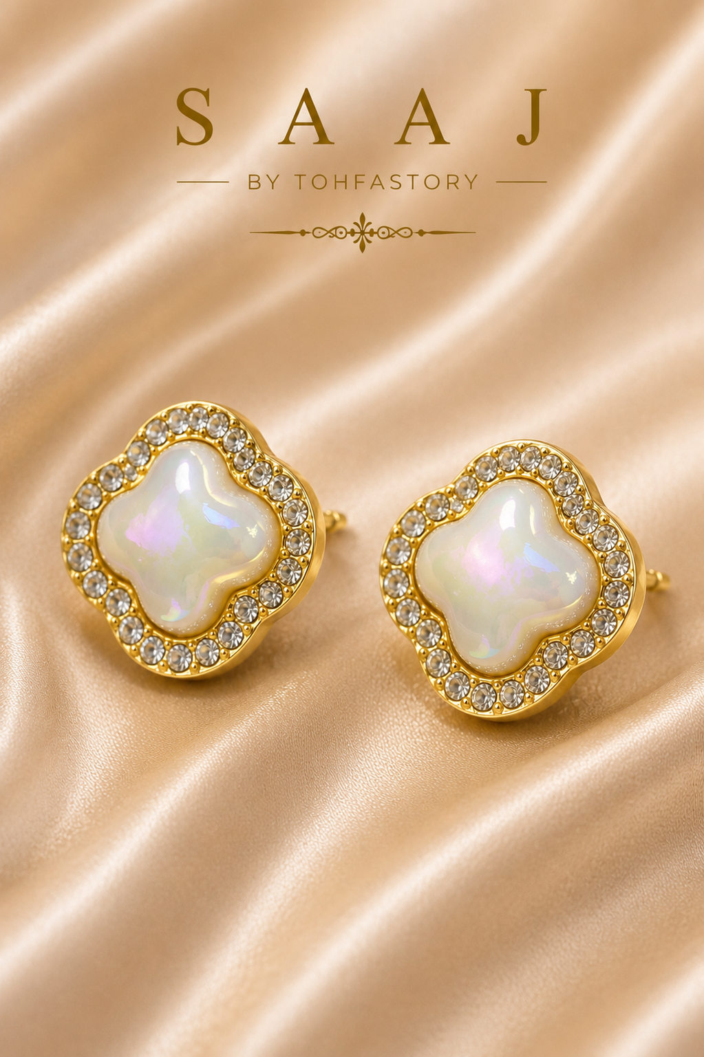 Mother of Pearl Clover Stud Earrings for Women | Crystal Stud Earrings | Gold Clover Earrings | Elegant Everyday Jewellery | SAAJ by TohfaStory