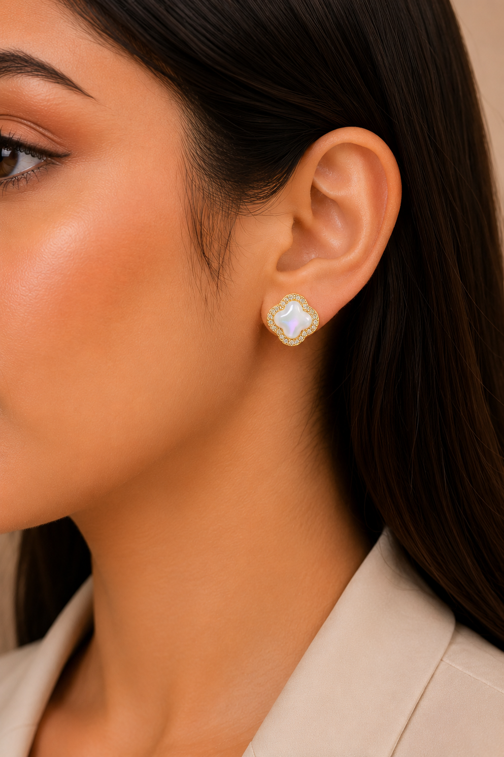 Mother of Pearl Clover Stud Earrings for Women | Crystal Stud Earrings | Gold Clover Earrings | Elegant Everyday Jewellery | SAAJ by TohfaStory