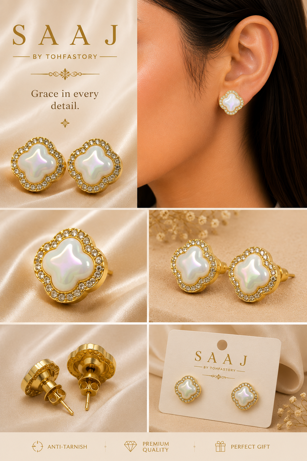 Mother of Pearl Clover Stud Earrings for Women | Crystal Stud Earrings | Gold Clover Earrings | Elegant Everyday Jewellery | SAAJ by TohfaStory