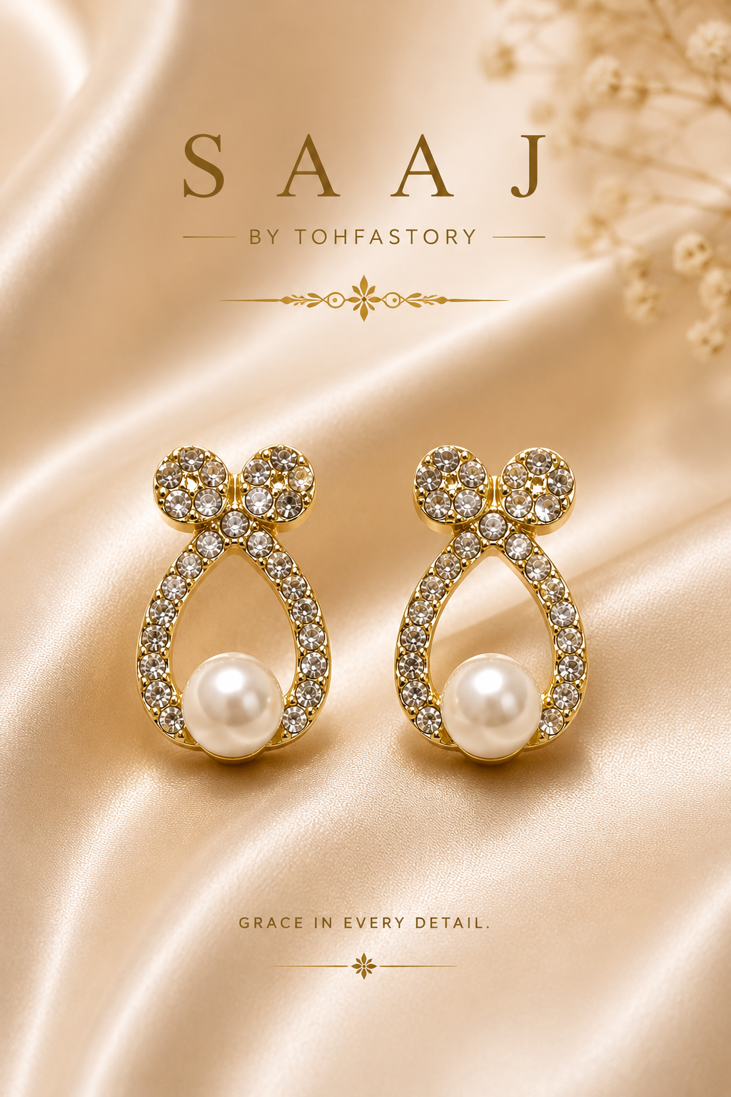 Crystal Pearl Drop Stud Earrings for Women | Gold Bow Pearl Earrings | Elegant Party Wear Earrings | Premium Fashion Jewellery | SAAJ by TohfaStory