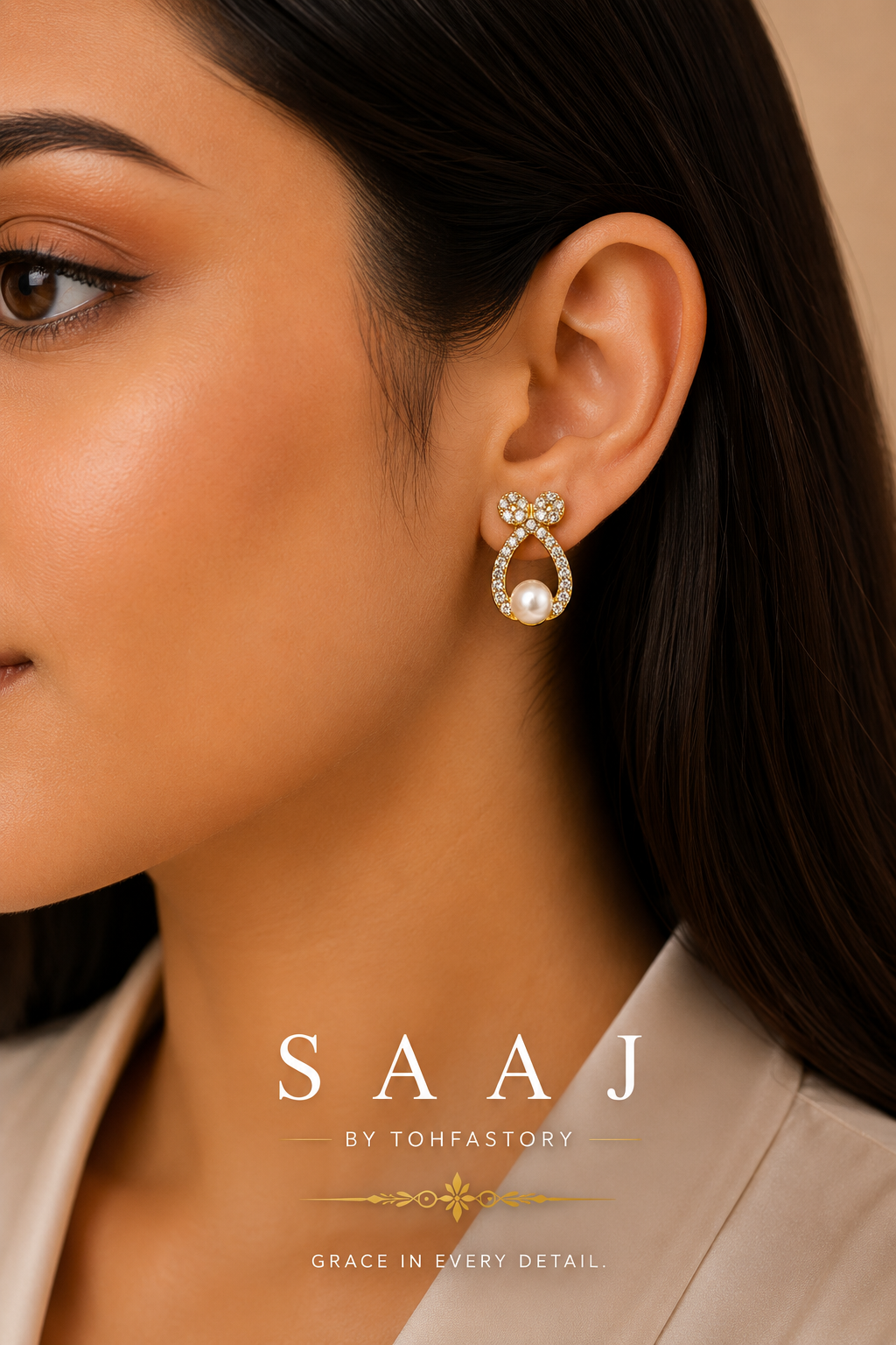 Crystal Pearl Drop Stud Earrings for Women | Gold Bow Pearl Earrings | Elegant Party Wear Earrings | Premium Fashion Jewellery | SAAJ by TohfaStory