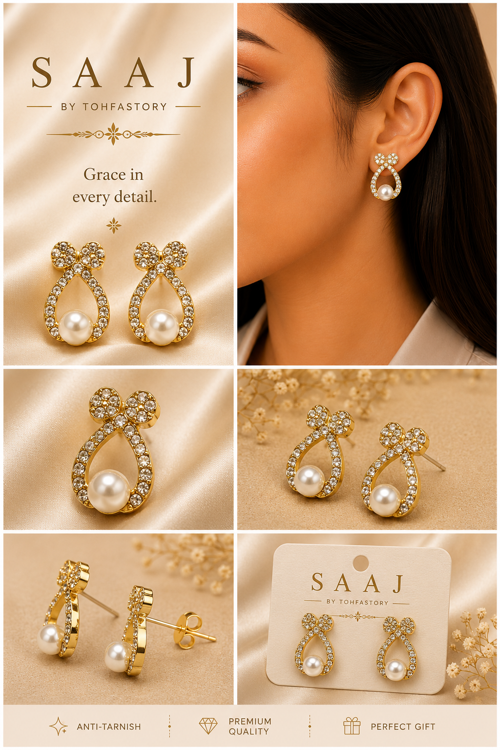 Crystal Pearl Drop Stud Earrings for Women | Gold Bow Pearl Earrings | Elegant Party Wear Earrings | Premium Fashion Jewellery | SAAJ by TohfaStory