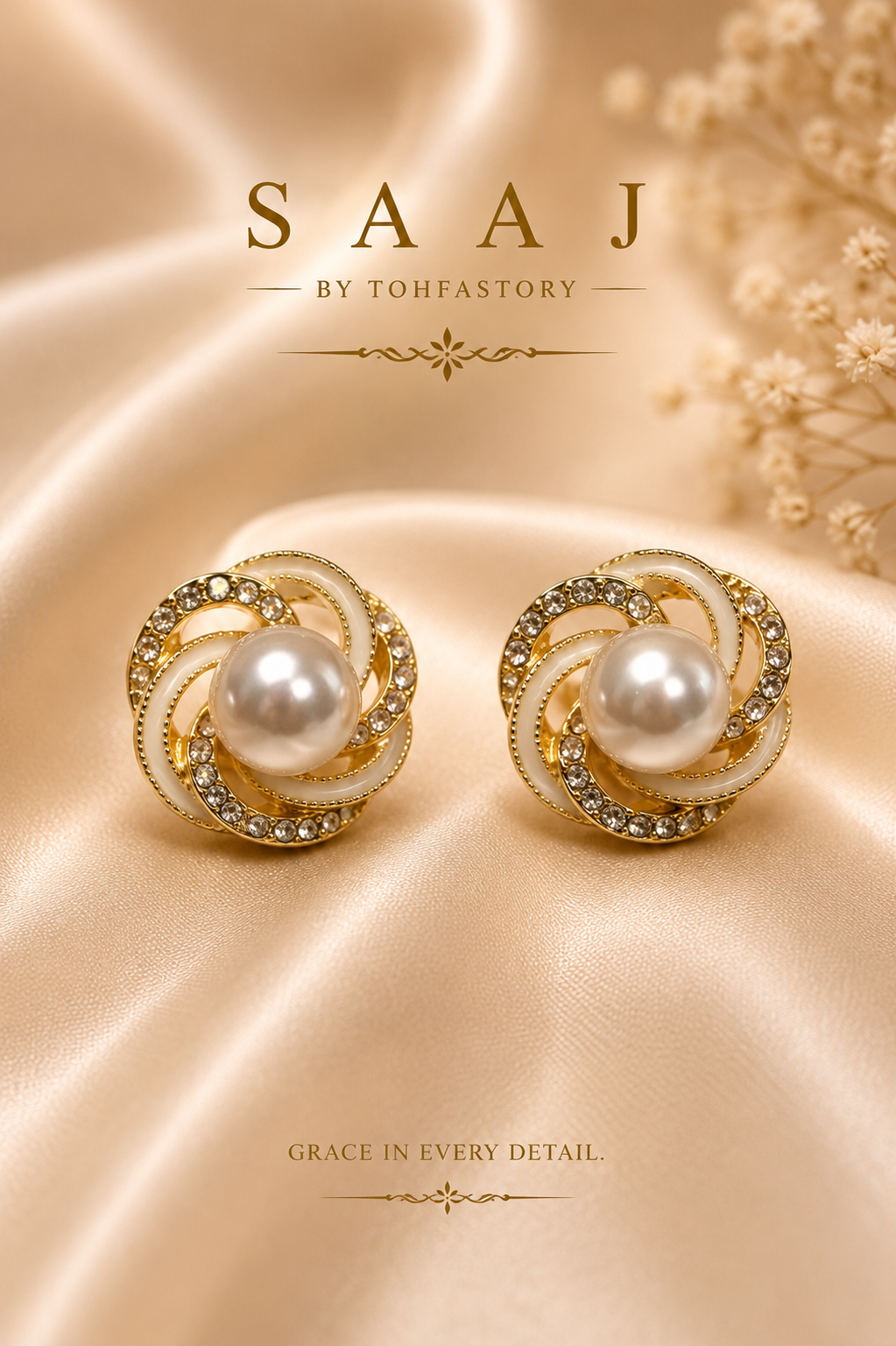 Crystal Swirl Pearl Stud Earrings for Women | Gold Pearl Stud Earrings | Elegant Round Crystal Earrings | Premium Fashion Jewellery | SAAJ by TohfaStory