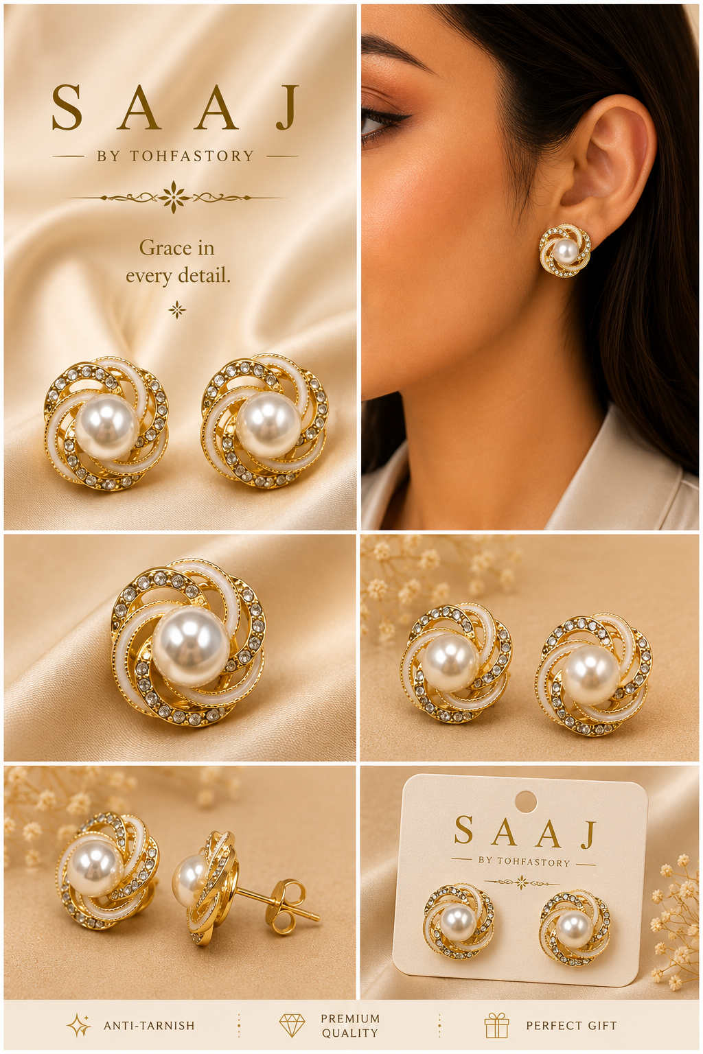 Crystal Swirl Pearl Stud Earrings for Women | Gold Pearl Stud Earrings | Elegant Round Crystal Earrings | Premium Fashion Jewellery | SAAJ by TohfaStory