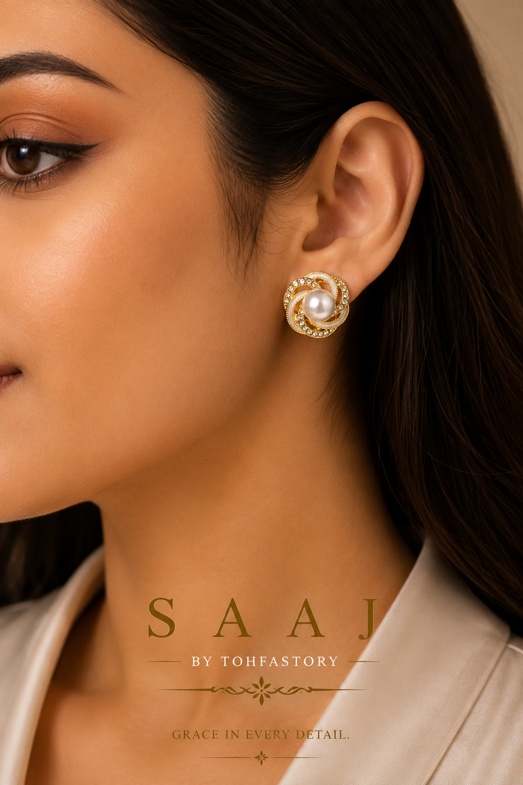 Crystal Swirl Pearl Stud Earrings for Women | Gold Pearl Stud Earrings | Elegant Round Crystal Earrings | Premium Fashion Jewellery | SAAJ by TohfaStory