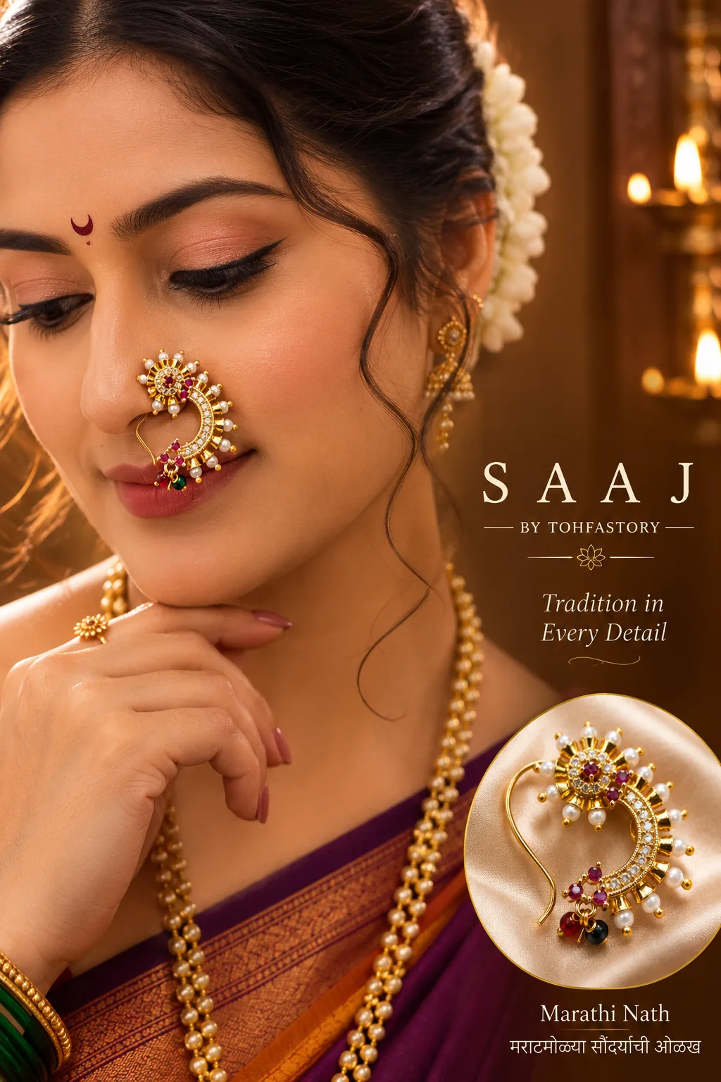 Classic Floral Crescent Maharashtrian Nath for Women