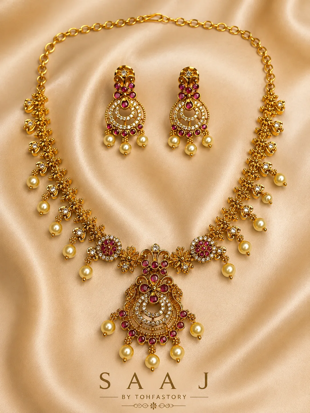 Royal Ruby Floral Necklace Set for Women