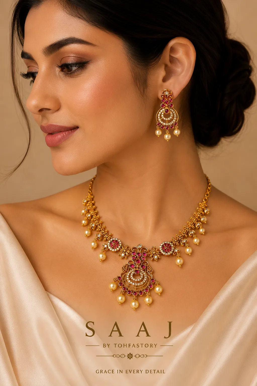 Royal Ruby Floral Necklace Set for Women