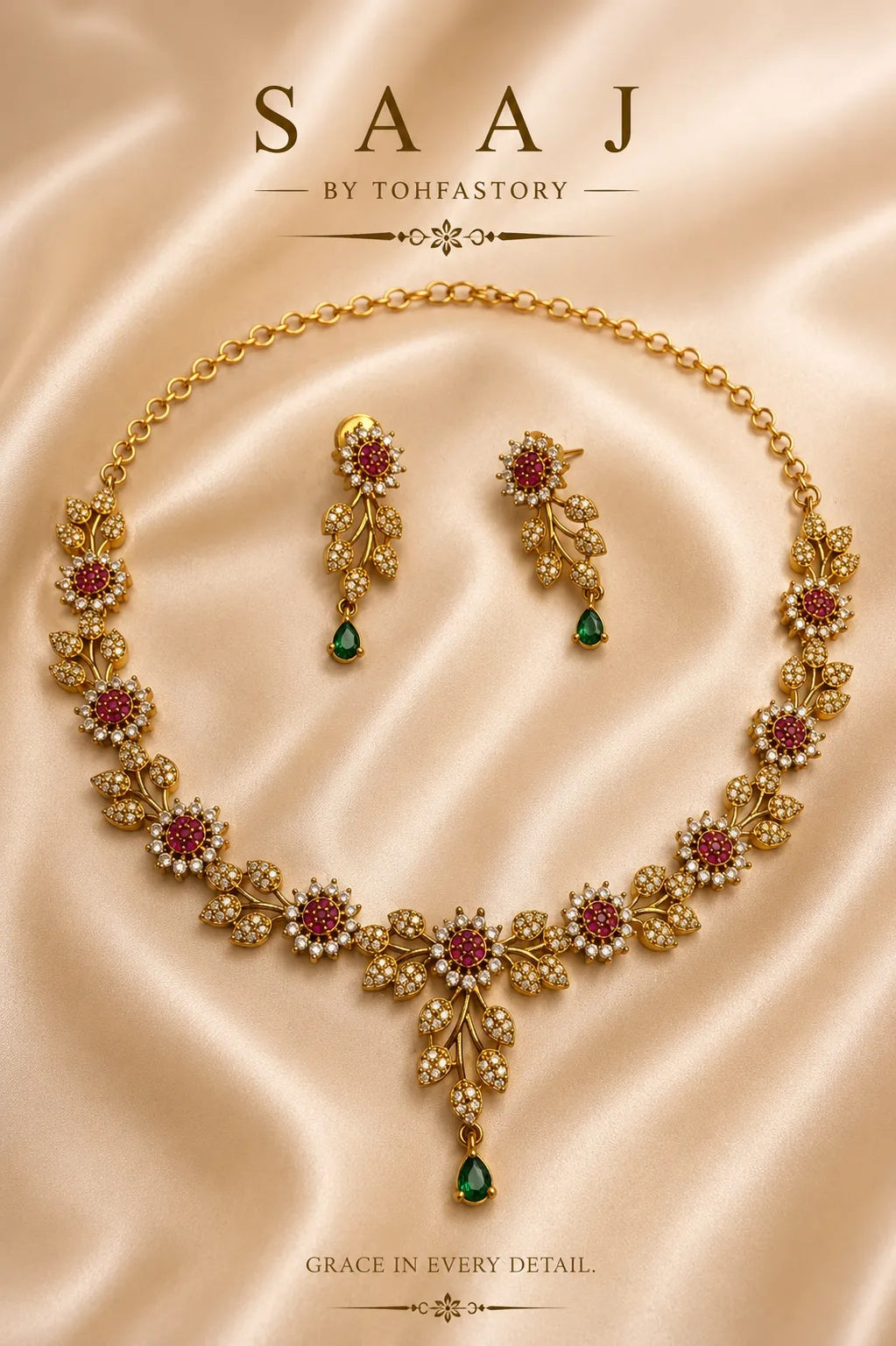 Floral Ruby & Emerald Necklace Set for Women