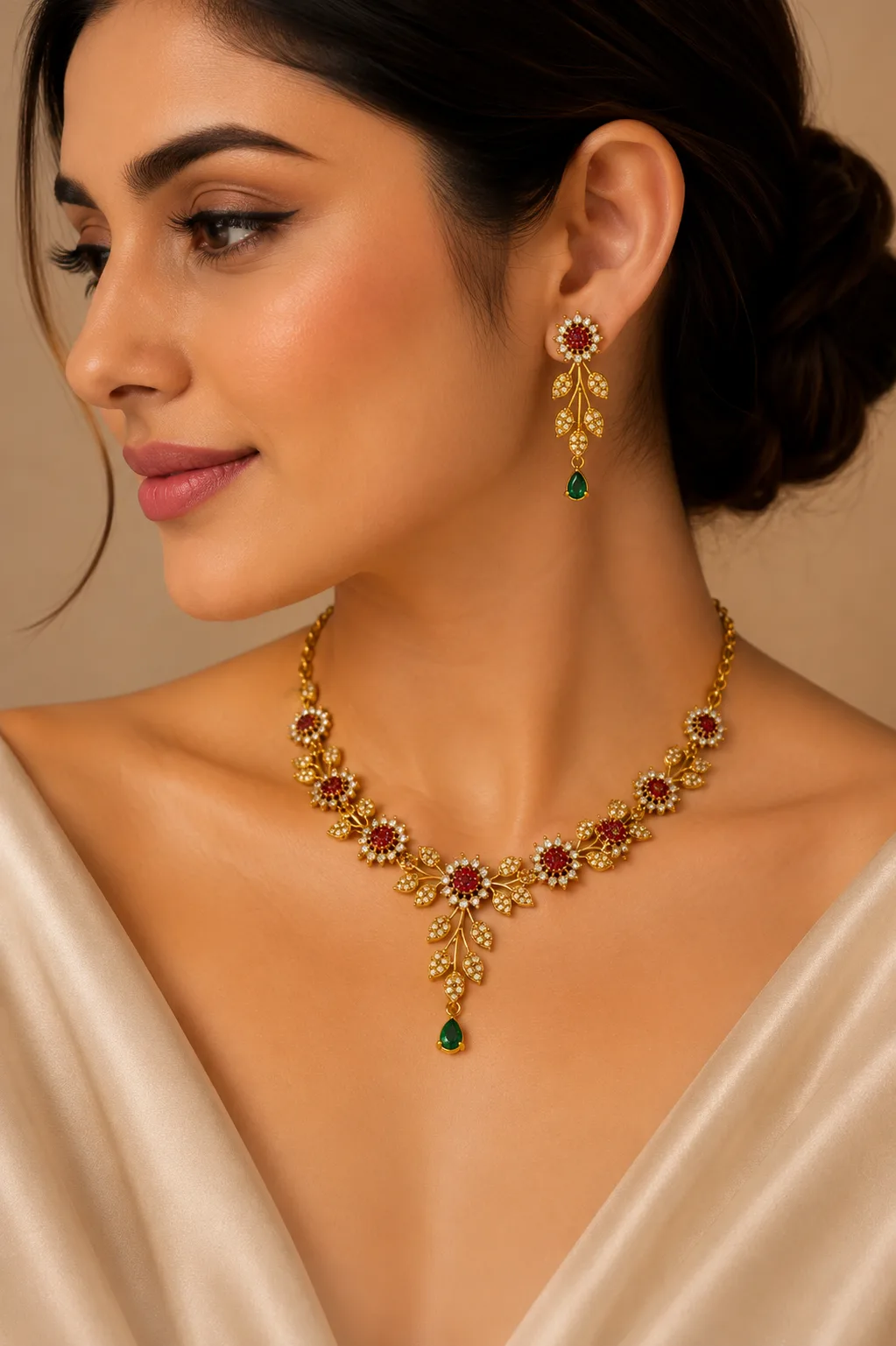Floral Ruby & Emerald Necklace Set for Women