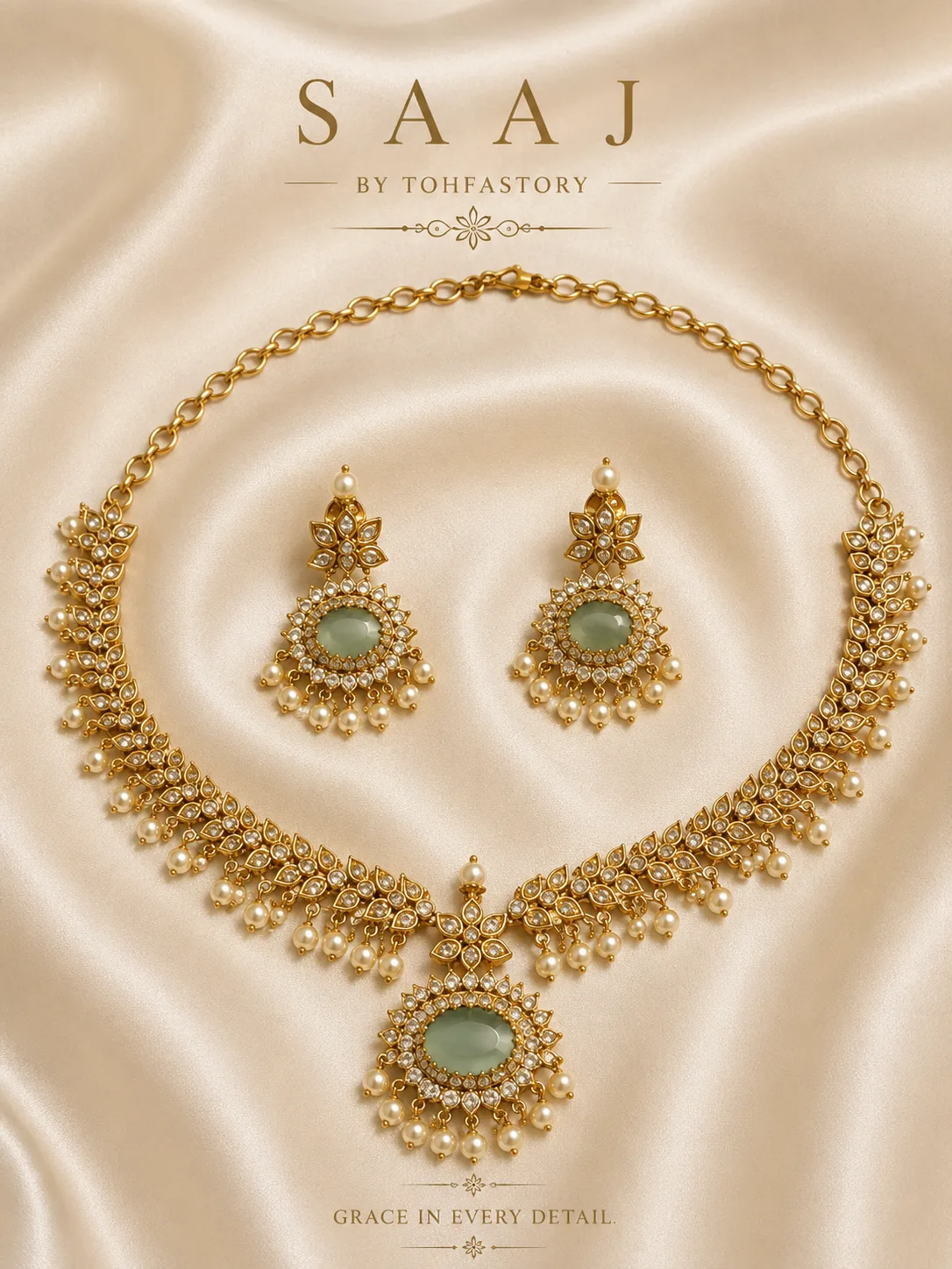 Pearl & Sage Green Statement Necklace Set for Women