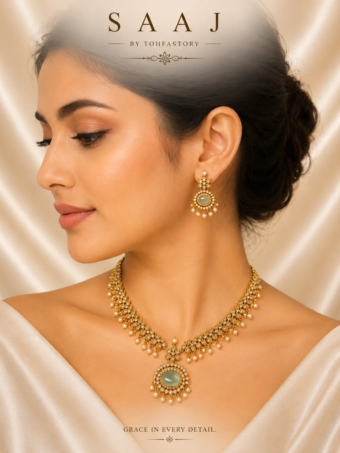 Pearl & Sage Green Statement Necklace Set for Women