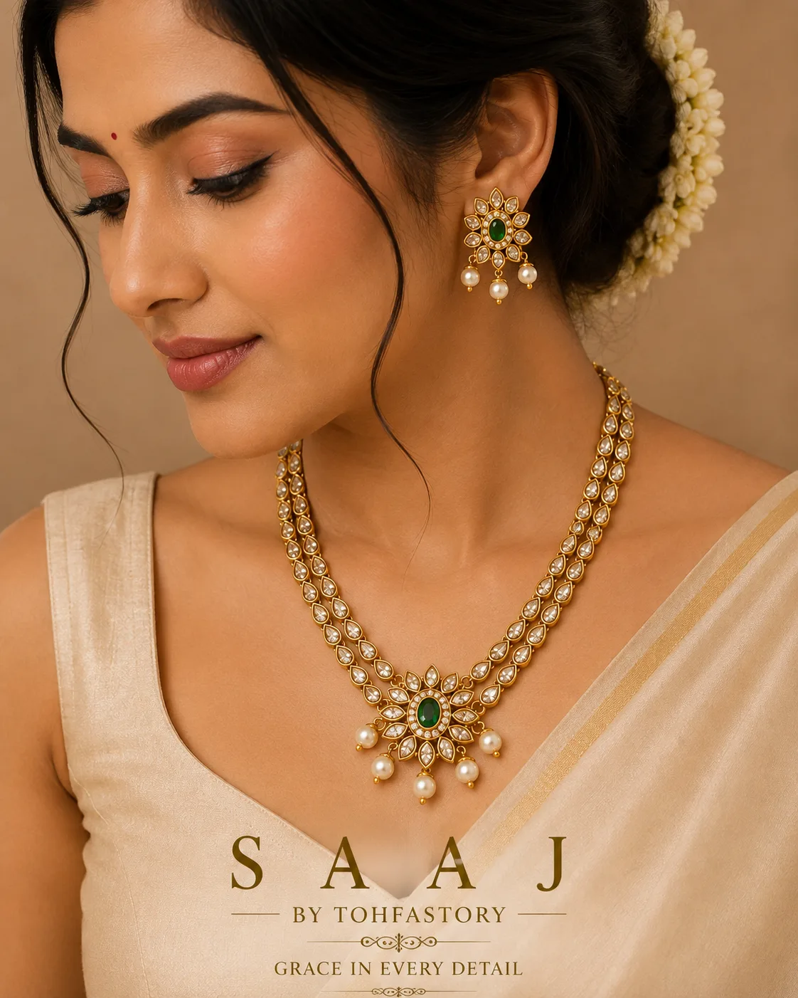 Emerald Bloom Kundan Necklace Set